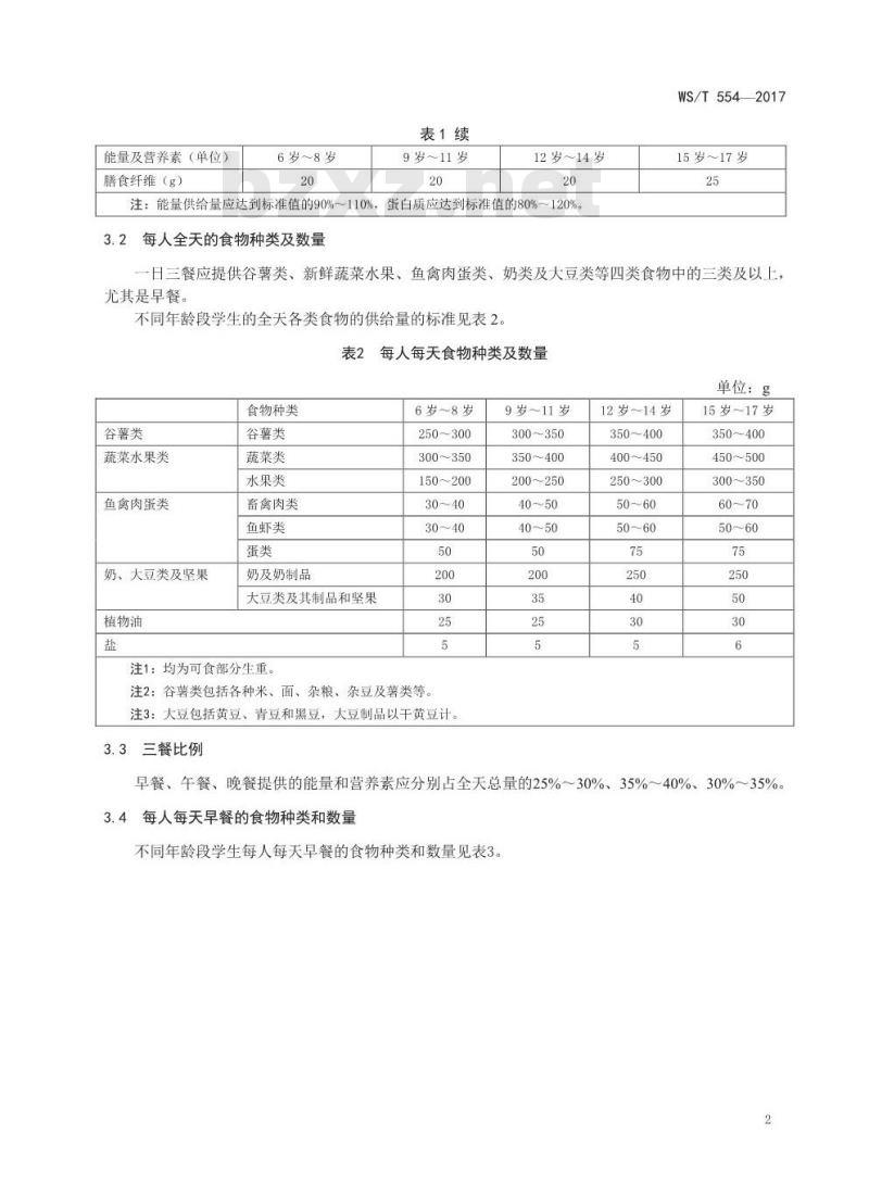 WS/T 554-2017 学生餐营养指南 WS/T 554-2017 学生餐营养指南