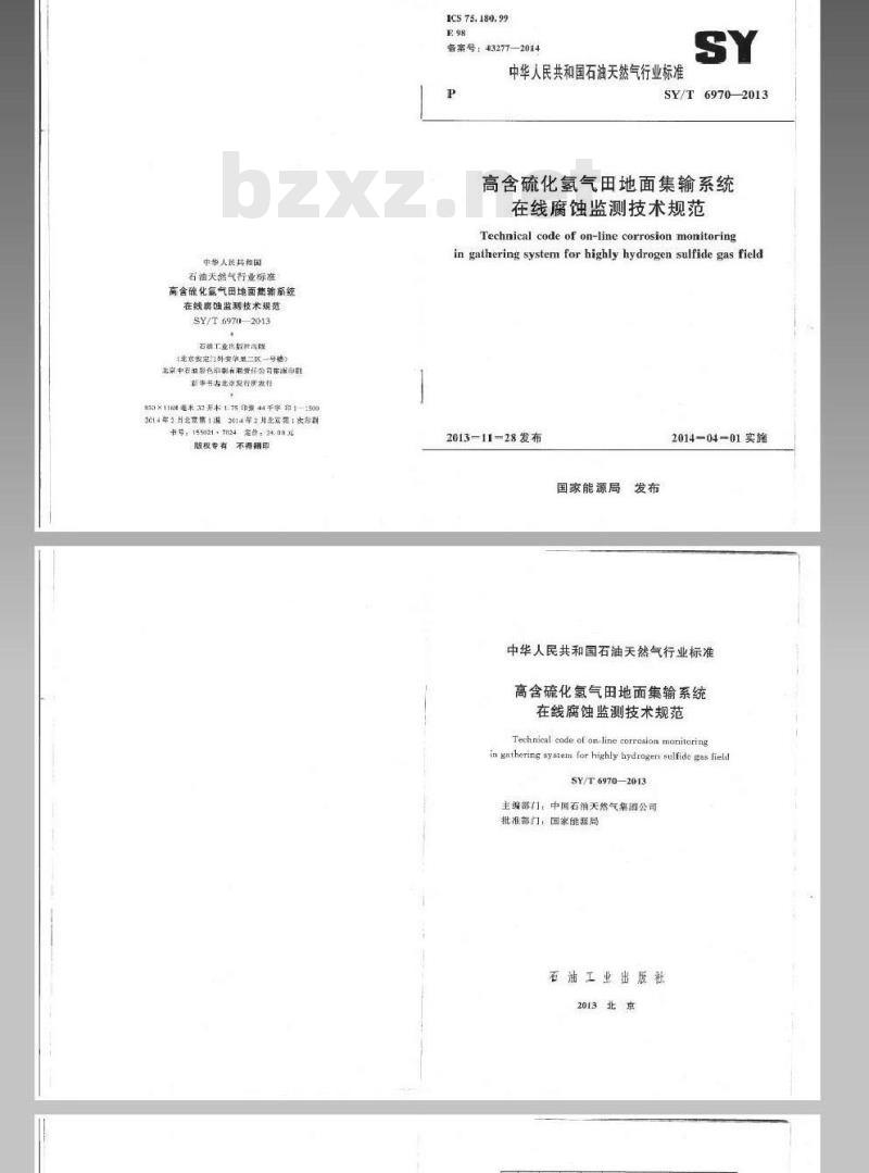 SY/T 6970-2013 高含硫化氢气田地面集输系统在线腐蚀监测技术规范 SY/T 6970-2013 高含硫化氢气田地面集输系统在线腐蚀监测技术规范