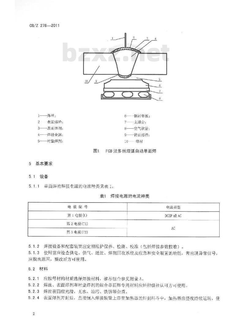 CB/Z 278-2011 FCB法多丝埋弧自动单面焊焊接工艺 CB/Z 278-2011 FCB法多丝埋弧自动单面焊焊接工艺