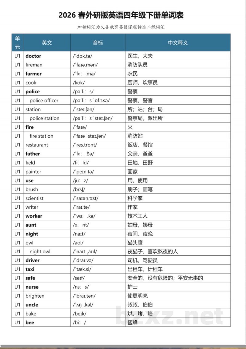 (2026年春新版)外研版四年级英语下册单词表 (2026年春新版)外研版四年级英语下册单词表